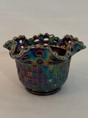 Vintage Fenton Blackberry Carnival Glass Bowl Basket Weave Lattice Lace #4065